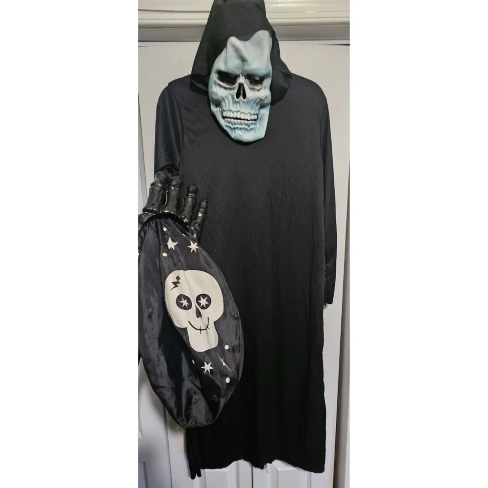Kids Grim Reaper Halloween Costume Hooded Robe Skeleton Mask Evil Horror Boys LG